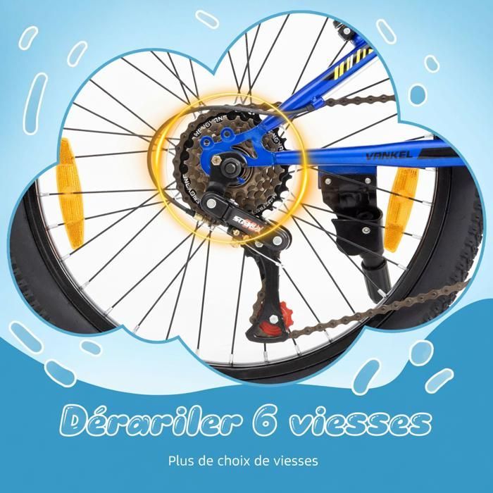 VANKEL Vélo Enfant 20 Pouces - 6 Vitesses - Pneus Antidérapants - Cadre Acier  - 14 kg - Idéal pour Garçons et Filles de 5 à 9 Ans