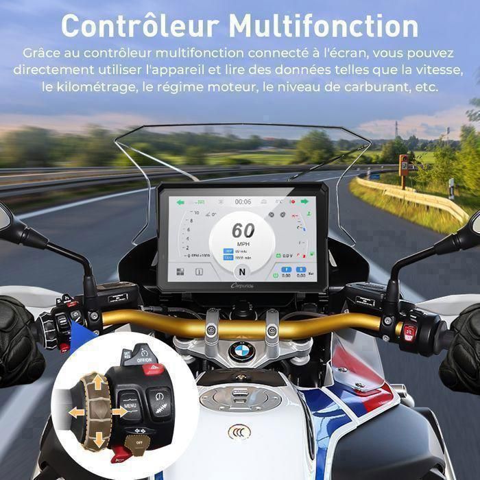 CARPURIDE W702BS Pro Autoradio Ecran Carplay pour BMW Moto , BMW Wonder Wheel, Carplay sans Fil & Android Auto,Lecture de données