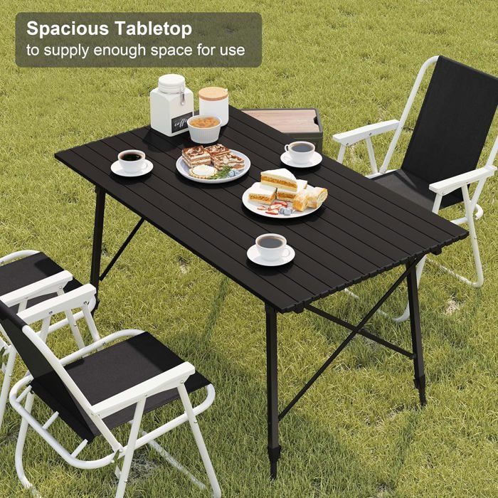 Mesa de camping plegable de aluminio WOLTU, altura regulable, mesa de picnic portátil, 120 x 68,5 cm, negra W0ETT0159