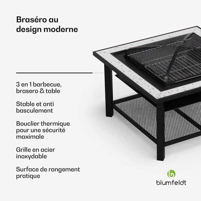 Blumfeldt Merano Braséro 3 en 1 avec fonction barbecue utilisable comme table 87 x 87 cm Noir