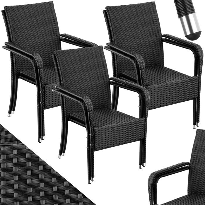 Chaises de jardin - TECTAKE - Lot de 6 fauteuils de repas d'extérieur en rotin résistants aux UVs 58 x 67 x 90 cm - Noir