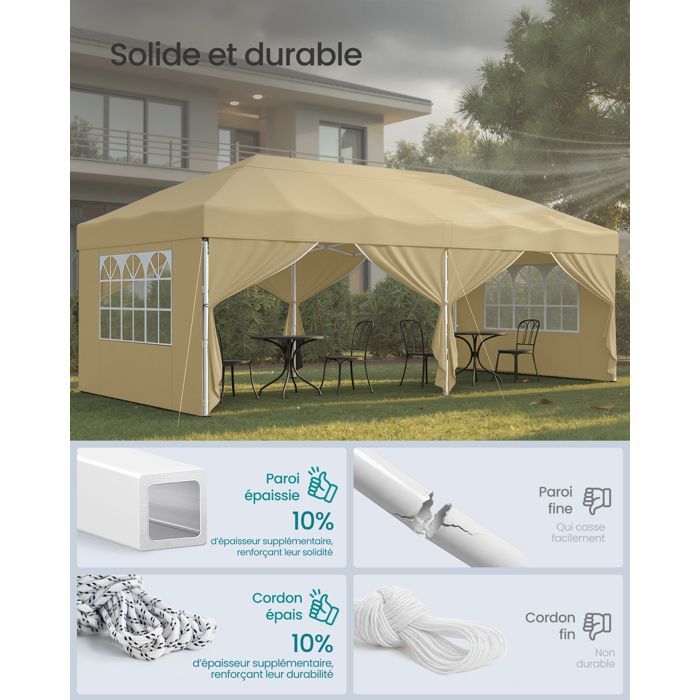 Cenador, protección solar, tienda de jardín, portátil, con paneles laterales, para uso exterior, 6 x 3 m, beige