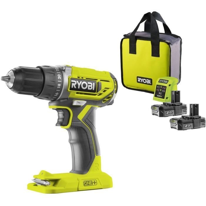 RYOBI - Taladro/atornillador compacto ONE+ de 18 V - 2 baterías de litio+ de 2,0 Ah - Cargador de 1,5 A - Bolsa de transporte - R18DD2-220S