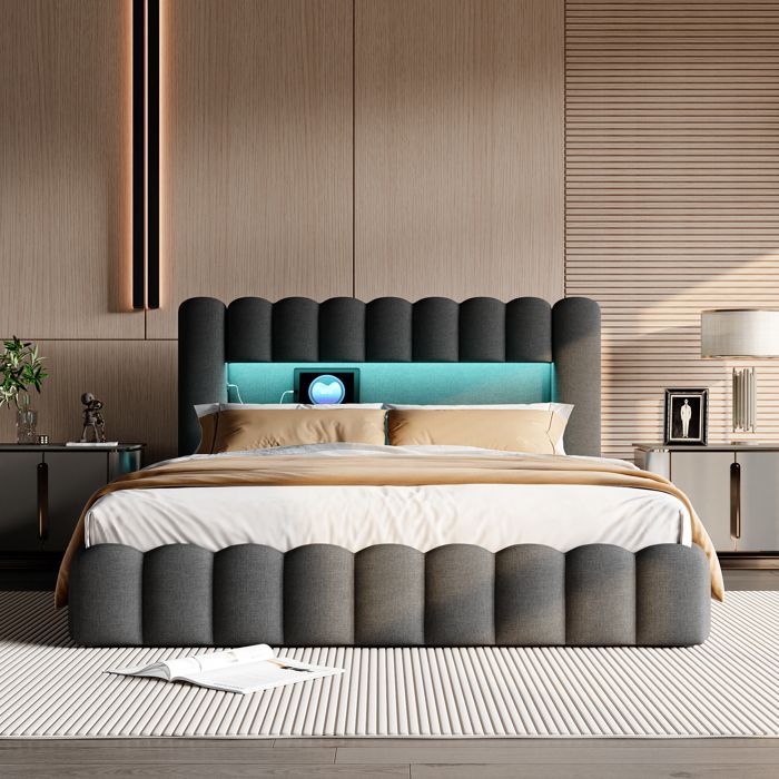 Cama con almacenamiento de 180x200cm - PERGAR - Gris oscuro - Almacenamiento integrado - USB y LED - 2 plazas
