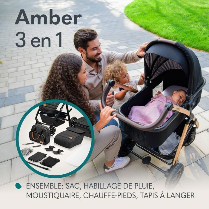 LIONELO Amber 3-in-1 Combination Stroller - Stroller Pack, Carrycot, Car Seat, Bag and Accessories - Black/Silver