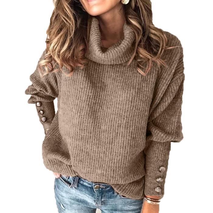 Suéter de mujer, suéter de cuello alto, suéter de invierno cálido de manga larga a la moda - Marrón