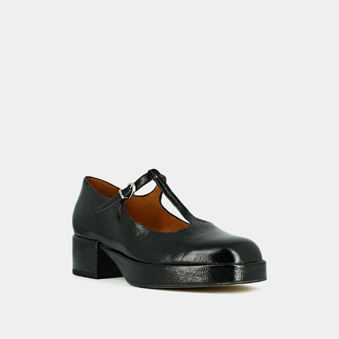 Salomés à petits talons et semelles épai...  en vernis plissé noir