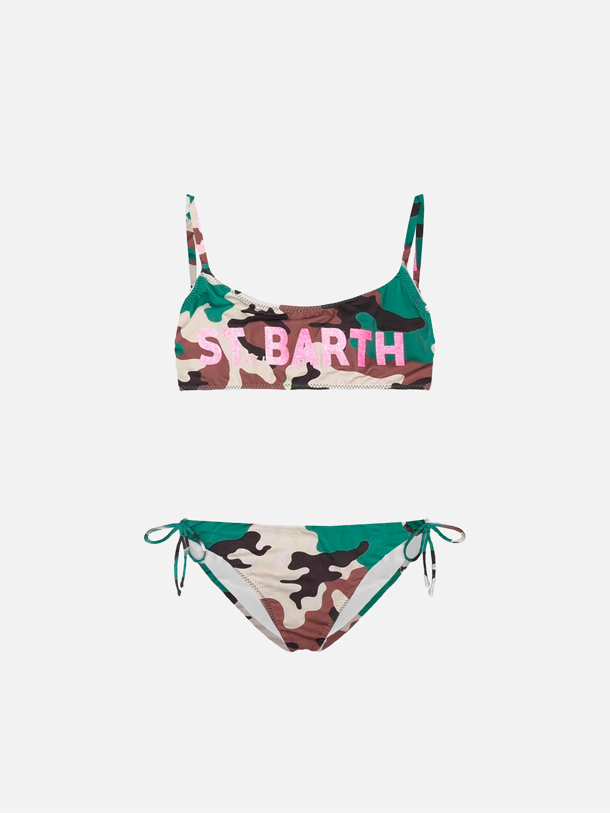 Camouflage bralette bikini voor meisjes met glitterprint aan de voorkant.