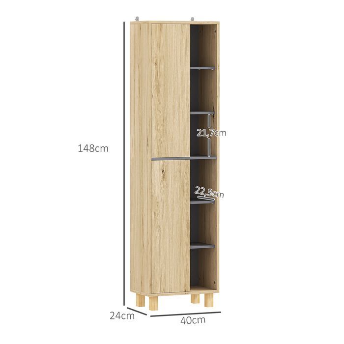 Mueble columna para baño - HOMCOM - 6 compartimentos abiertos y 2 armarios - dimensiones 40 cm de ancho x 24 cm de profundidad x 148 cm de alto - madera natural