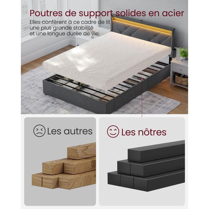 Letto matrimoniale completo, 140 x 190 cm, con illuminazione a LED, 4 cassetti, multipresa, testiera regolabile, non necessita di rete a doghe, grigio e nero.