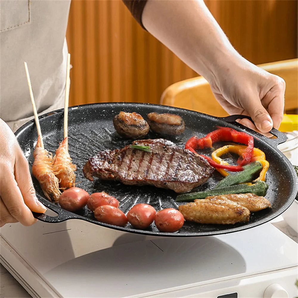 Poêle à griller antiadhésive 32/34 cm pour barbecue d'extérieur, plaque de cuisson, gril coréen, poêle de camping, ustensile de cuisine