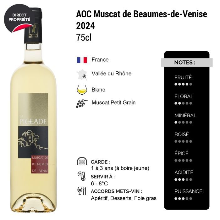 Domaine de la Pigeade Muscat de Beaumes-de-Venise Vin Doux Naturel 2024 - Vino Blanco del Valle del Ródano (3x75cl) Dulce.