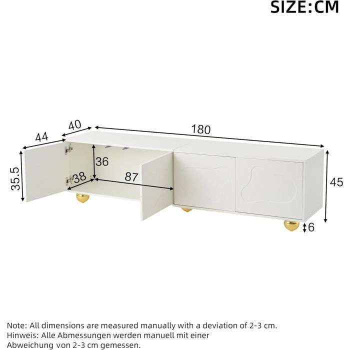 Meuble TV - LEMONBEST - 180 x 40 x 45 cm - 2 armoires 4 portes - Pour téléviseur jusqu'à 75