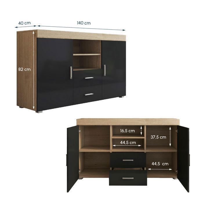 Aparador ROQUE 140x80x40 cm - 2 puertas 2 cajones - Acabado en roble Sonoma y negro - Almacenamiento para salón