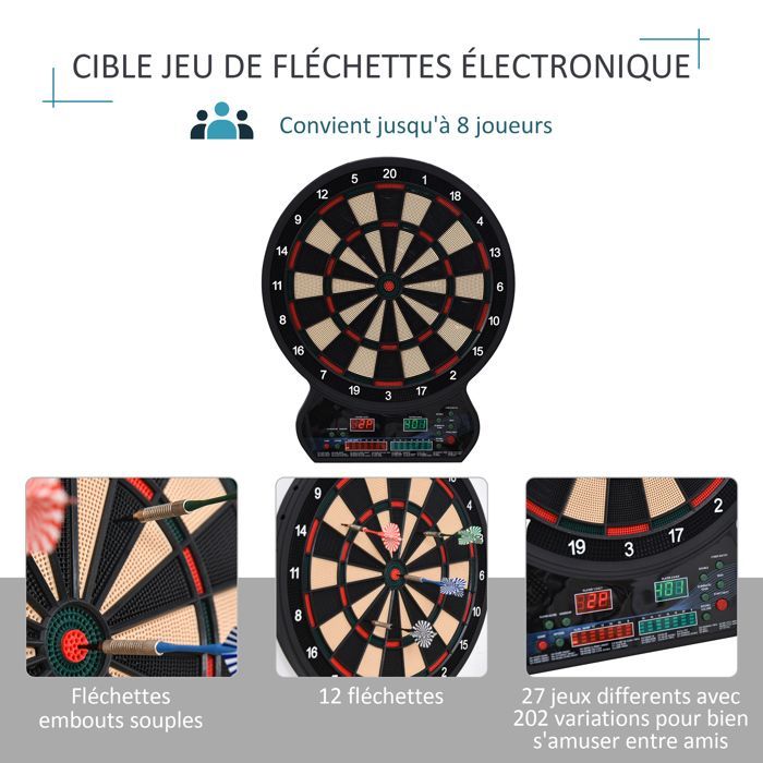 Diana electrónica HOMCOM, 27 juegos, 202 variaciones, 8 jugadores, pantalla LED, plástico, color negro.