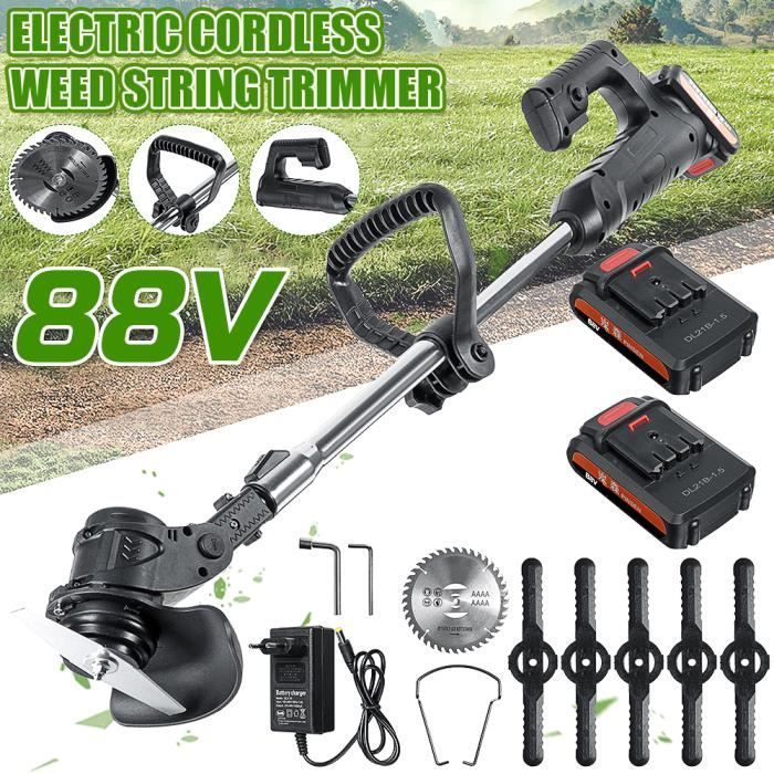 1800W 88V Cordless Electric Brush Cutter with 2 Batteries and Charger - Black - Adjustable - CD002