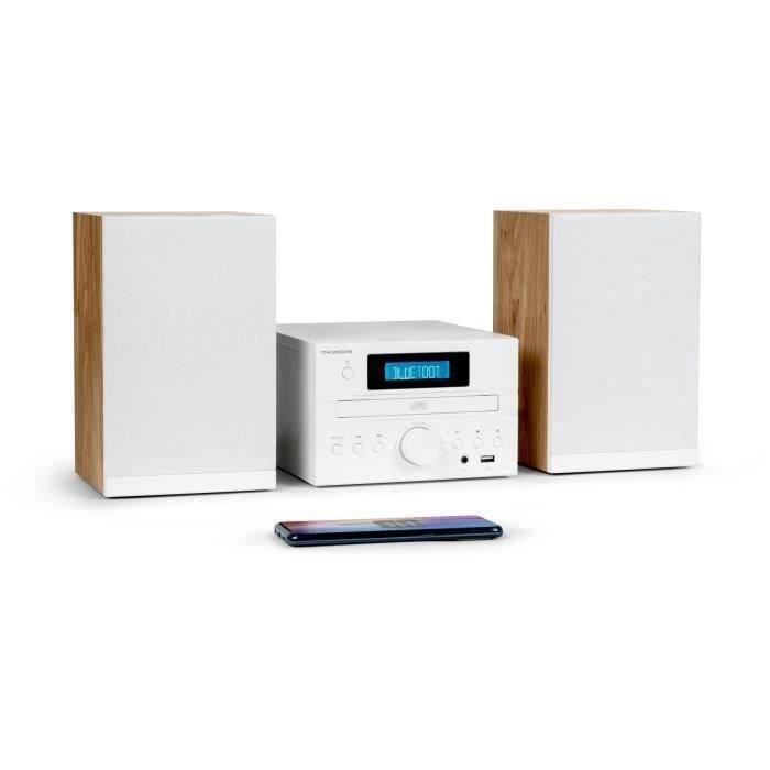 Sistema de micro alta fidelidad THOMSON COSY MIC121BT: reproductor de CD, Bluetooth, radio FM, MP3, USB, madera y blanco.