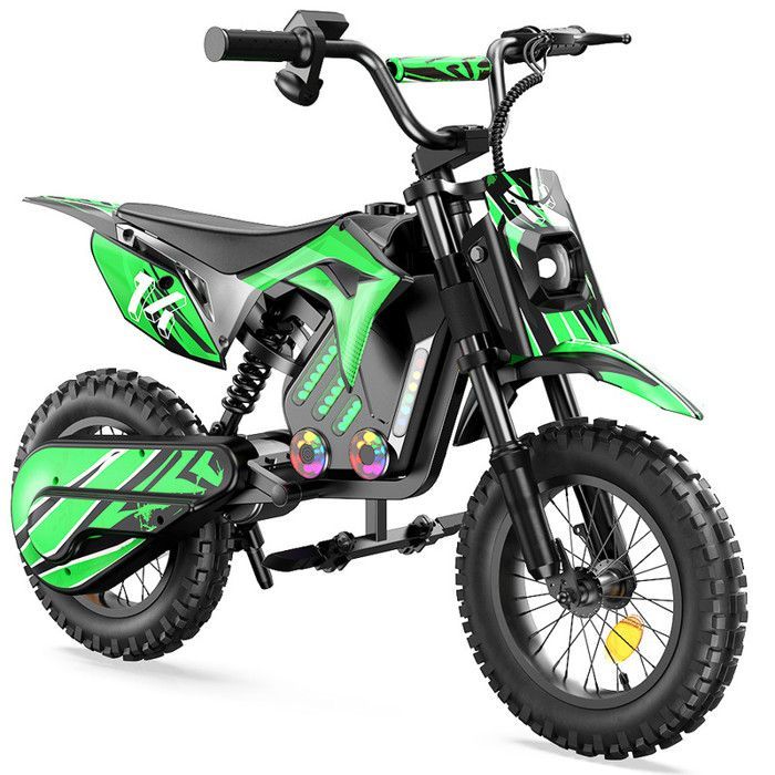 Moto électrique pour enfants A14 Vert, 500W, 3 Vitesses 8-27KM/H, Pneus 14’’ tout-terrain, Autonomie 22 km, Bluetooth, Amortisseurs