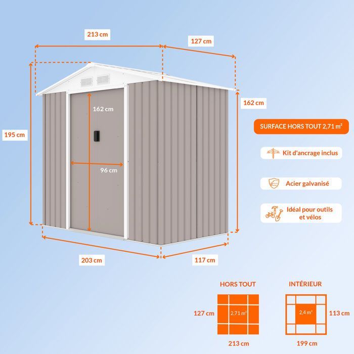 Caseta de jardín metálica de 2,71 m² - 213 x 127 x 195 cm - PLUTON - Kit de anclaje incluido, 2 puertas correderas - Color topo