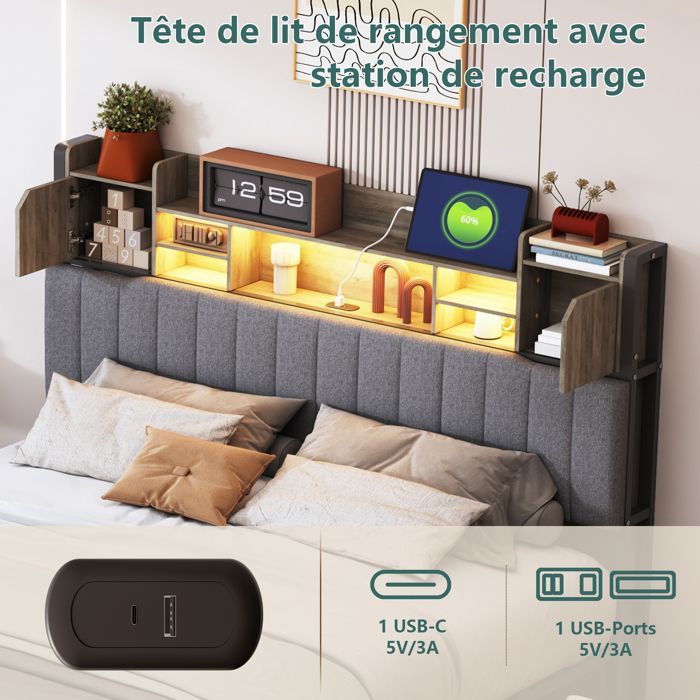 LED-bed met opbergruimte 140x190 cm – 4 lades – Linnen – Gestoffeerd bed met USB- en Type-C-aansluiting – Tweepersoonsbed met lattenbodem – Bed voor volwassenen/tieners – Grijs