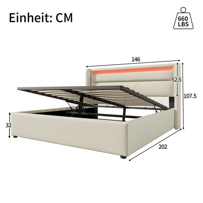 Opbergbed, LED-bed, bed van 140x190 cm met lattenbodem, eenpersoonsbed met witte synthetische bekleding en matras