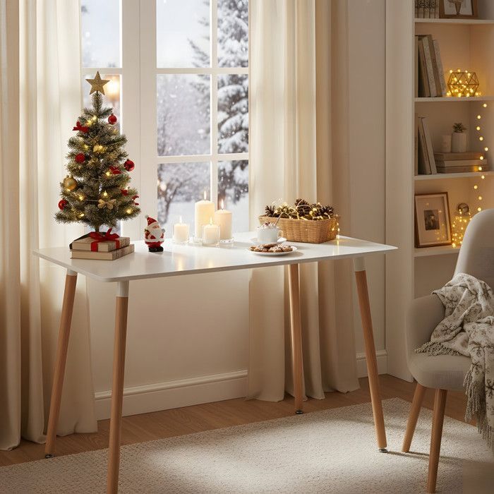 Table à manger scandinave - DORAFAIR - 110x70x73 cm - Blanc - Bois massif - Pieds en hêtre - Style rétro nordique