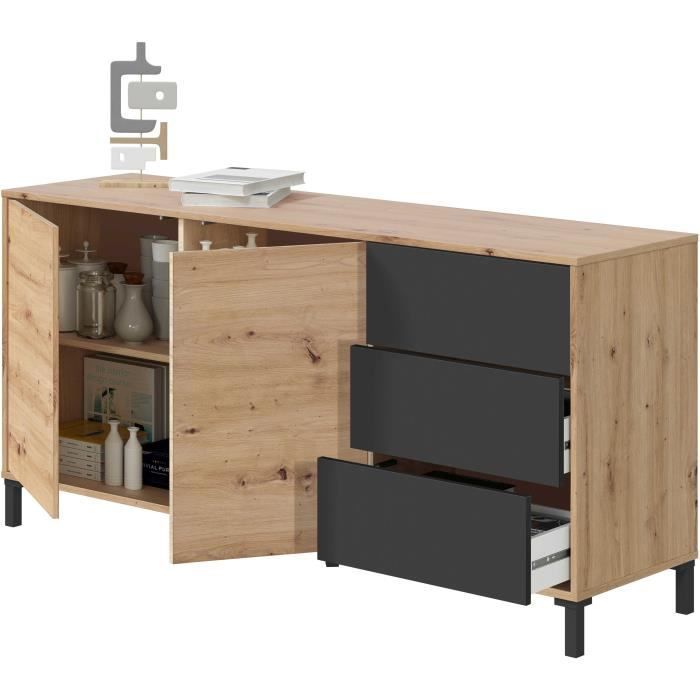 Buffet 2 portes 3 tiroirs - Panneaux de particules mélaminé - Chêne et noir - BROOKLYN L 154 cm x  P 41 cm x H 74 cm