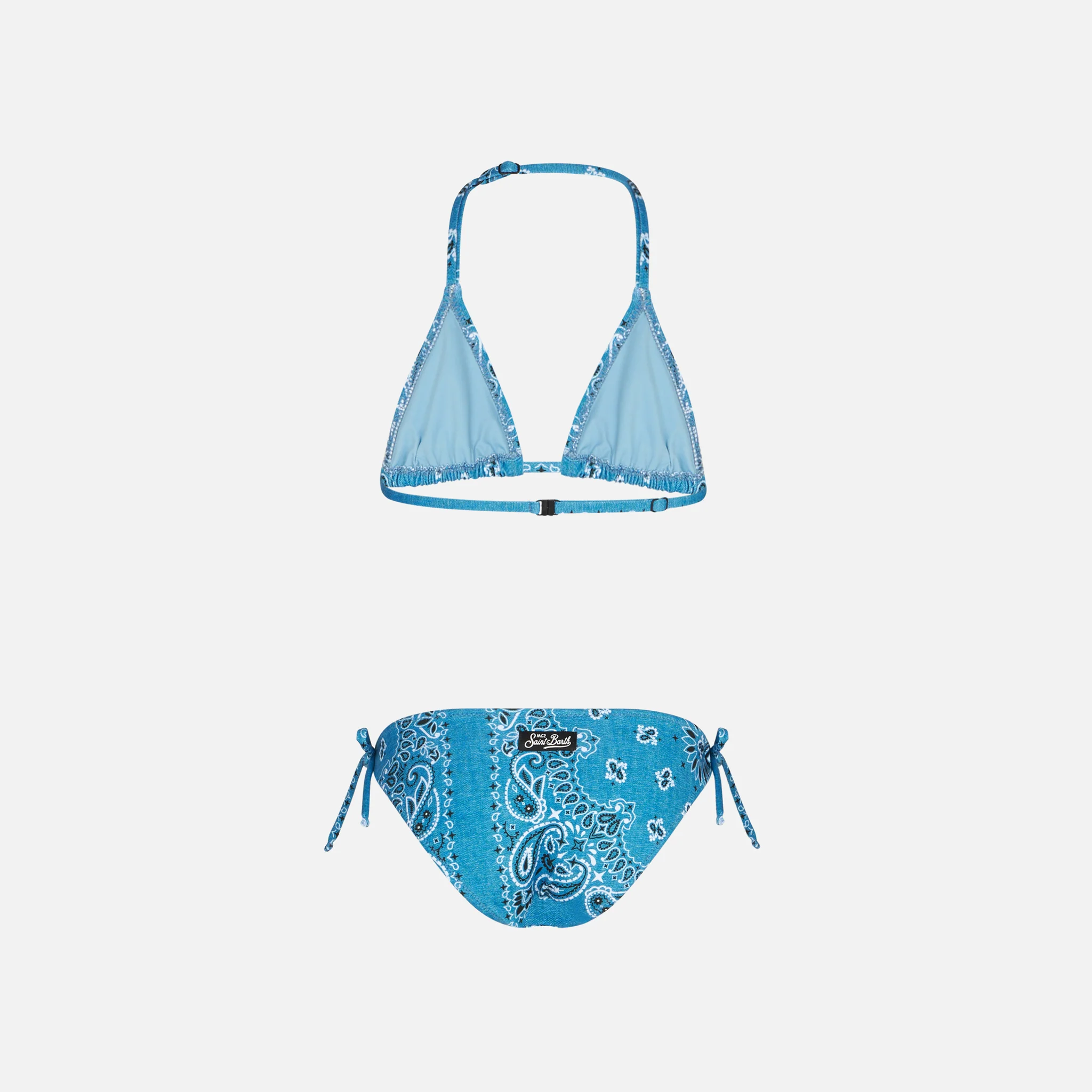Trekantsbikini til piger med denim bandana-print