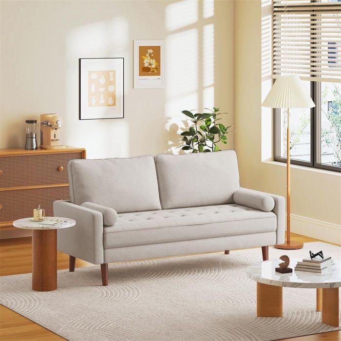 DRIPEX Canapé 3 Places Style Contemporain en Tissu Beige avec 2 coussins ,pieds bois massif ,Fauteuil Moderne 77x173x84cm