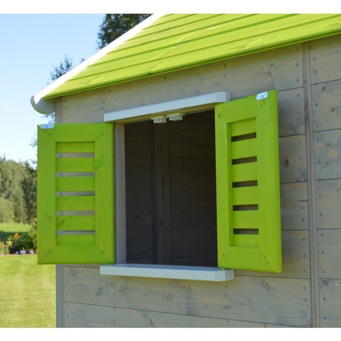 Casetta da gioco per bambini all'aperto KANGUI - Casetta in legno con piattaforma - Tetto impermeabile - Verde e bianco