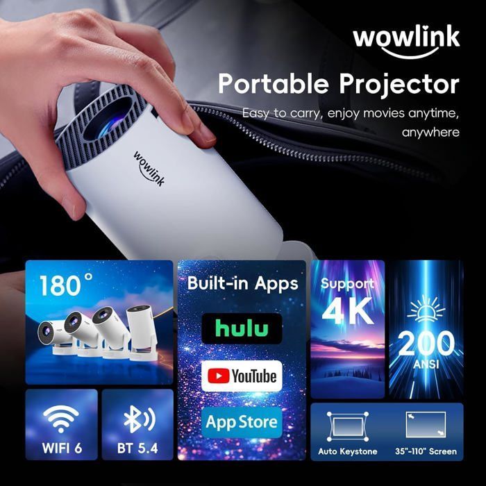 Mini projetor portátil 4K, Wi-Fi 6, Bluetooth 5.4, correção automática de keystone de 180°, aplicativos integrados, HDMI/TV Stick/USB/PC/PS5 – Branco