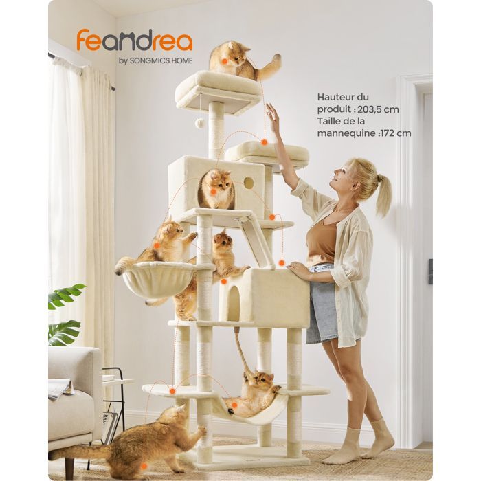 Cat Tree, 203.5 cm High, with 13 Scratching Posts, 2 Platforms, 2 Caves, Basket, Multi-Level Indoor Cat Tree, Beige