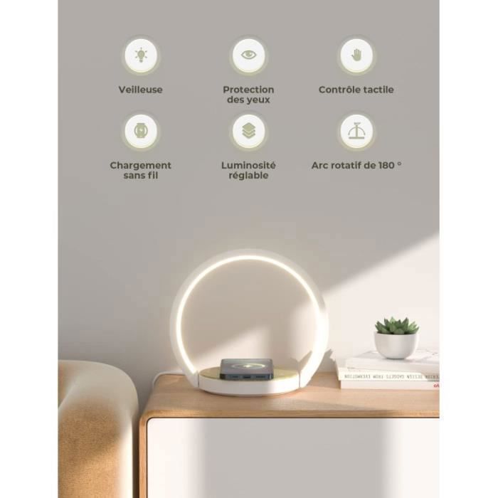 Lampe de Chevet Tactile LED à Poser - LANGTU - 3 Niveaux de Luminosité - Chargeur Induction