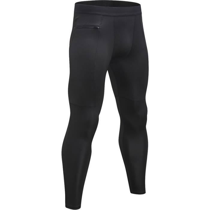 Men's Sports Leggings, Fitness Pants with Zippered Compression Pocket, Quick-Drying Running Tights - Black
