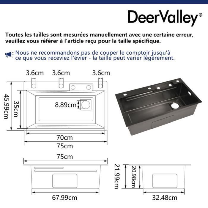 Pia de cozinha Deervalley DV-EU1K0183 preta com efeito cascata, 75 cm x 46 cm, com acessórios, cuba única com lava-vidros.