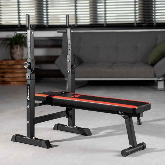Hop-Sport HS-1080 Platte opklapbare halterbank met halterrek, multifunctionele trainingsbank, verstelbare beensteunen