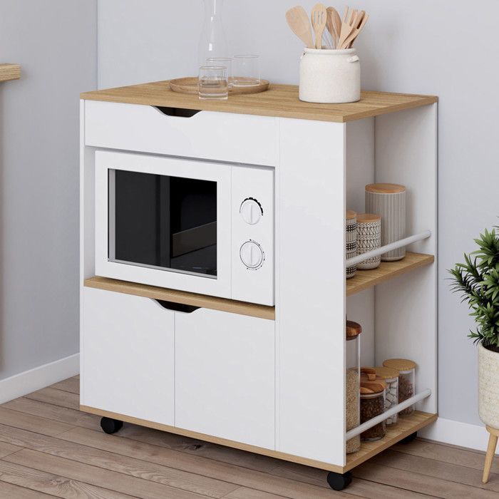 IDMARKET Desserte micro-onde de cuisine COSI placard avec tiroir et étagères à épices bois blanc et plateaux façon hêtre L.76 cm