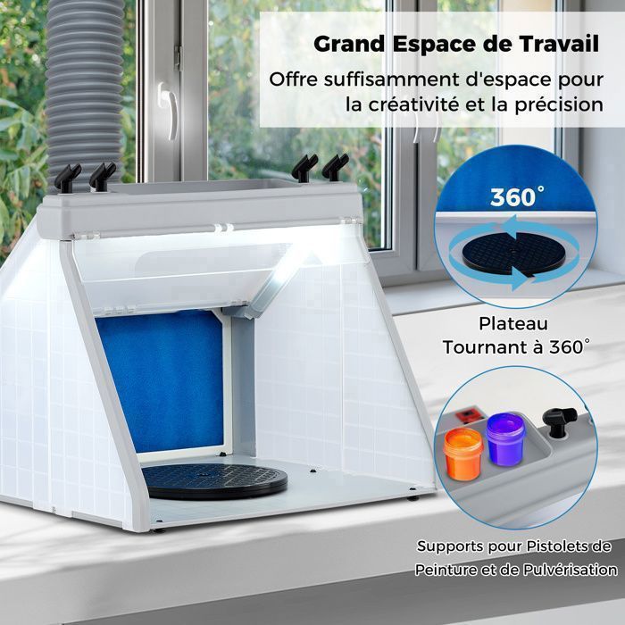 Cabine de Peinture Aérographe Portable COSTWAY-4m³/min-Plateau Tournant 19 CM-3 Lumières LED-Tuyau Extensible-Filtre à 2 Couches
