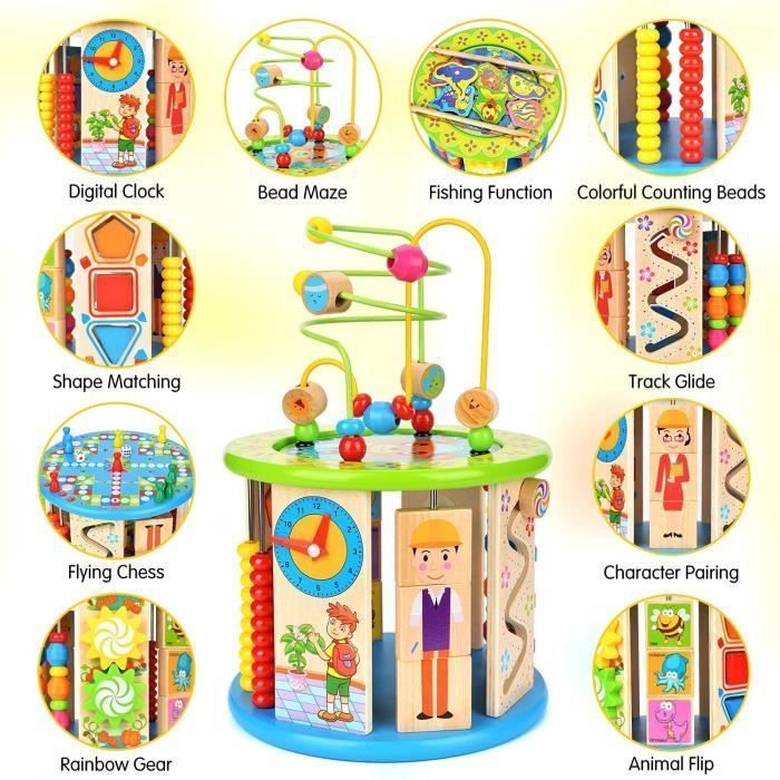 Cubo de actividades de madera multifuncional 10 en 1, juguete educativo interactivo, regalo para juegos de aprendizaje temprano.