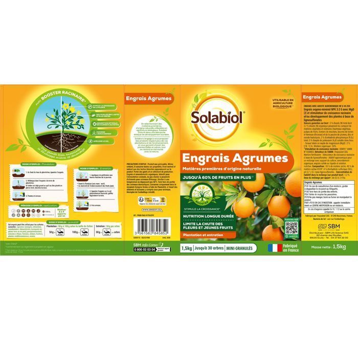 SOLABIOL Engrais agrumes - 1,5kg - Favorise la fructification - Nutrition longue durée - Jusqu'à 60% de fruits en plus - UAB