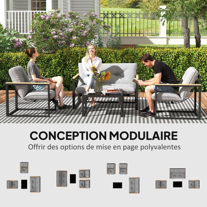 Set di mobili da giardino per 4 persone con divano, 2 poltrone e tavolino da caffè in vetro temperato, cuscini inclusi, grigio.