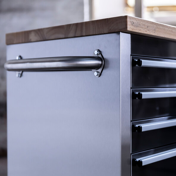 Stainless steel workshop trolley, 10 drawers, 148 cm