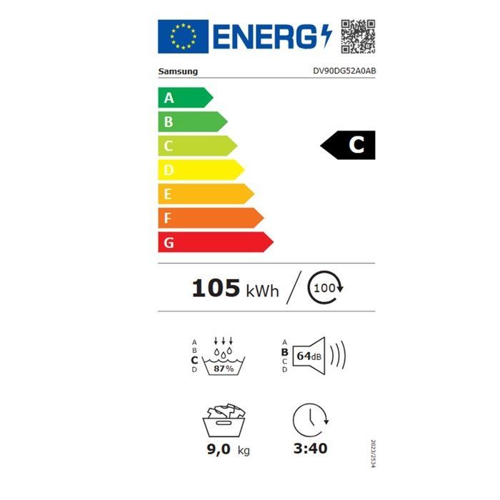 Asciugatrice a pompa di calore Samsung da 9 kg, modello DV90DG52A0AB, nera, con schermo da 60 cm e connettività SmartThings.