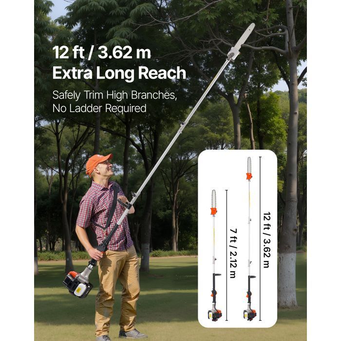 VEVOR 52cc 2-Stroke Petrol Pole Pruner - Cordless Petrol Pruner - 30.5cm Guide Bar - 650ml Fuel Tank