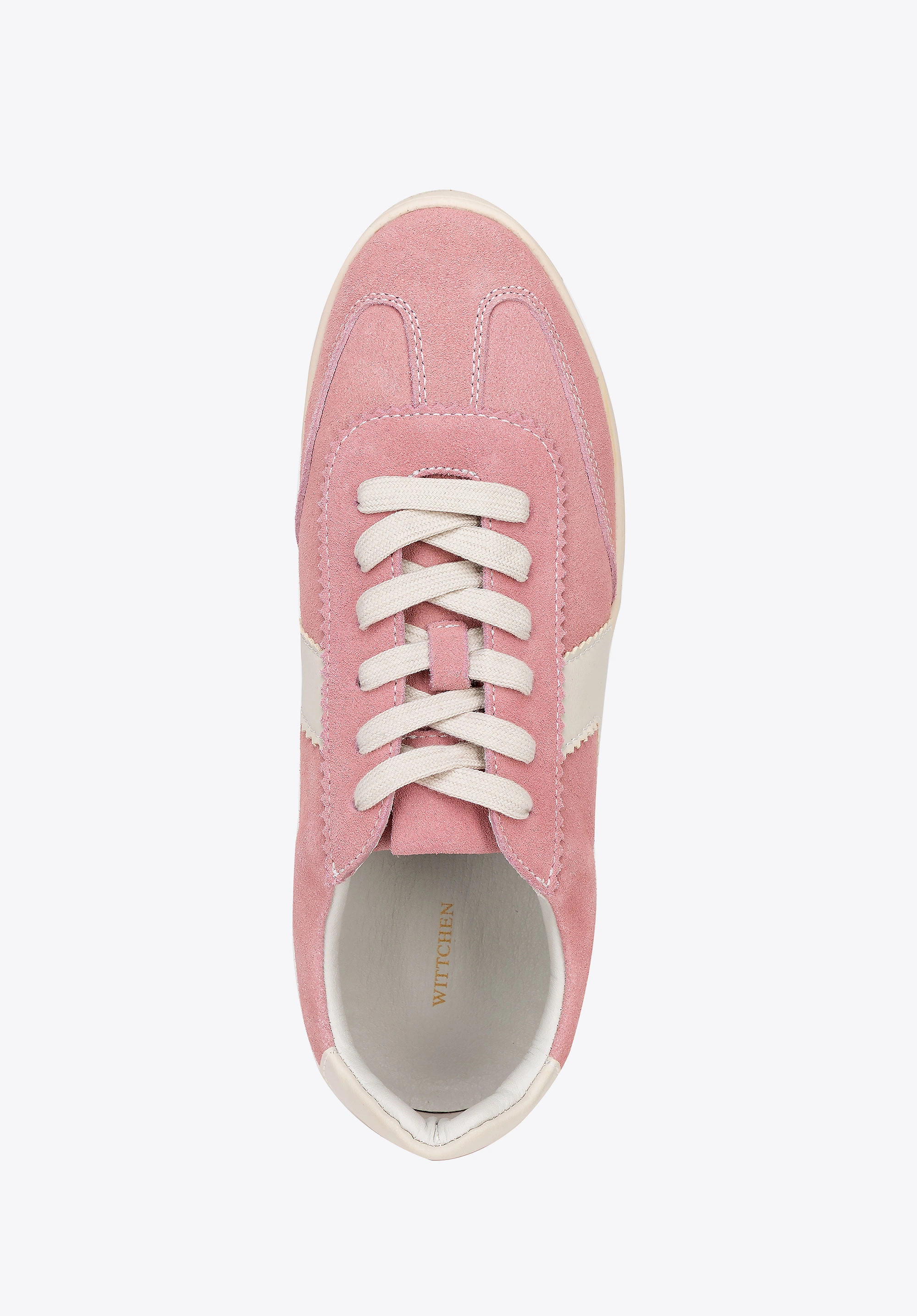 Zamszowe sneakersy z kontrastowymi wstawkami z ekoskóry różowo - białe