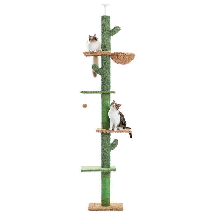 PAWZ Road Ceiling-Mounted Cactus Cat Tree, Adjustable Height, Sisal Scratching Post, Hanging Hammock, 229-275cm