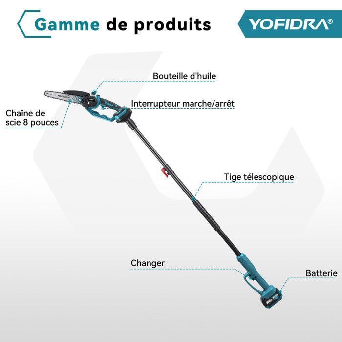 YOFIDRA  Elagueuse sur perche  électrique sans fil 8 pouce, Perche télescopique 100-170 cm, 2X 3000mAh Batteries