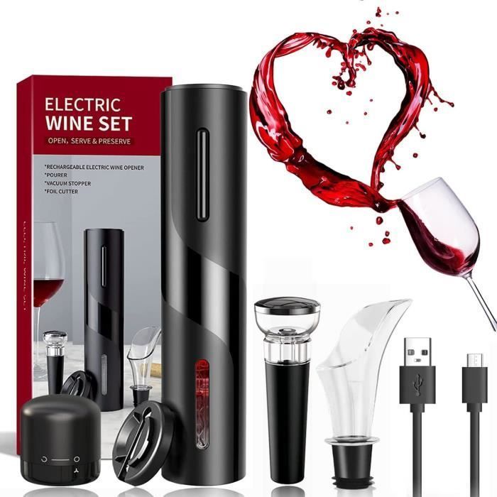 Sacacorchos eléctrico recargable 6 en 1: cortador de cápsulas, aireador y vertedor de vino, tapón de vino - para uso doméstico y en restaurantes.