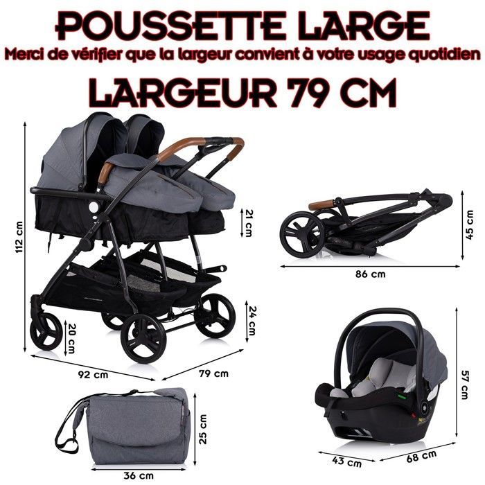 DUO SMART kinderwagen voor tweelingen of kinderen met een klein leeftijdsverschil, 79 cm breed, grijs + 2 i-Size autostoeltjes voor baby's, grijs