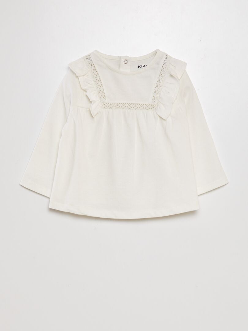 T-shirt met lange mouwen en ruches - WIT